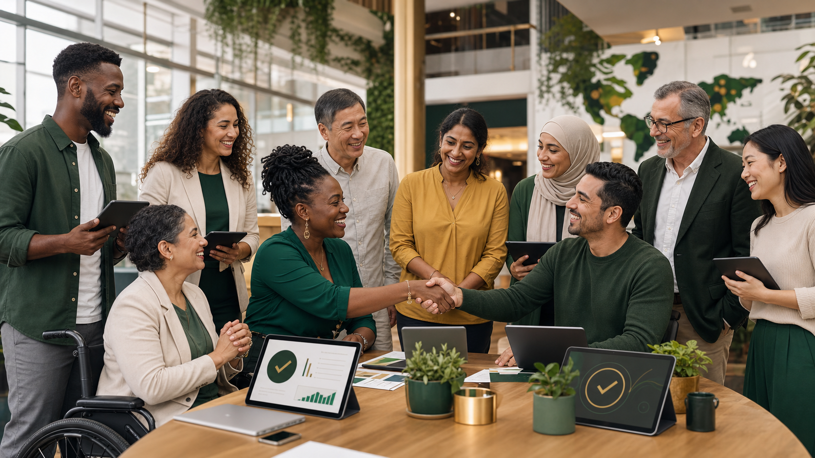 A welcoming multicultural group of DueSmart ambassadors and community partners celebrating a partnership around green-and-gold financial education technology.