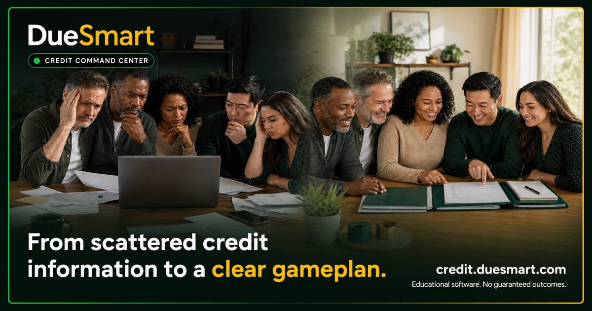 Duesmart Credit Command Center graphic showing a multicultural group moving from scattered credit information to a clear gameplan.